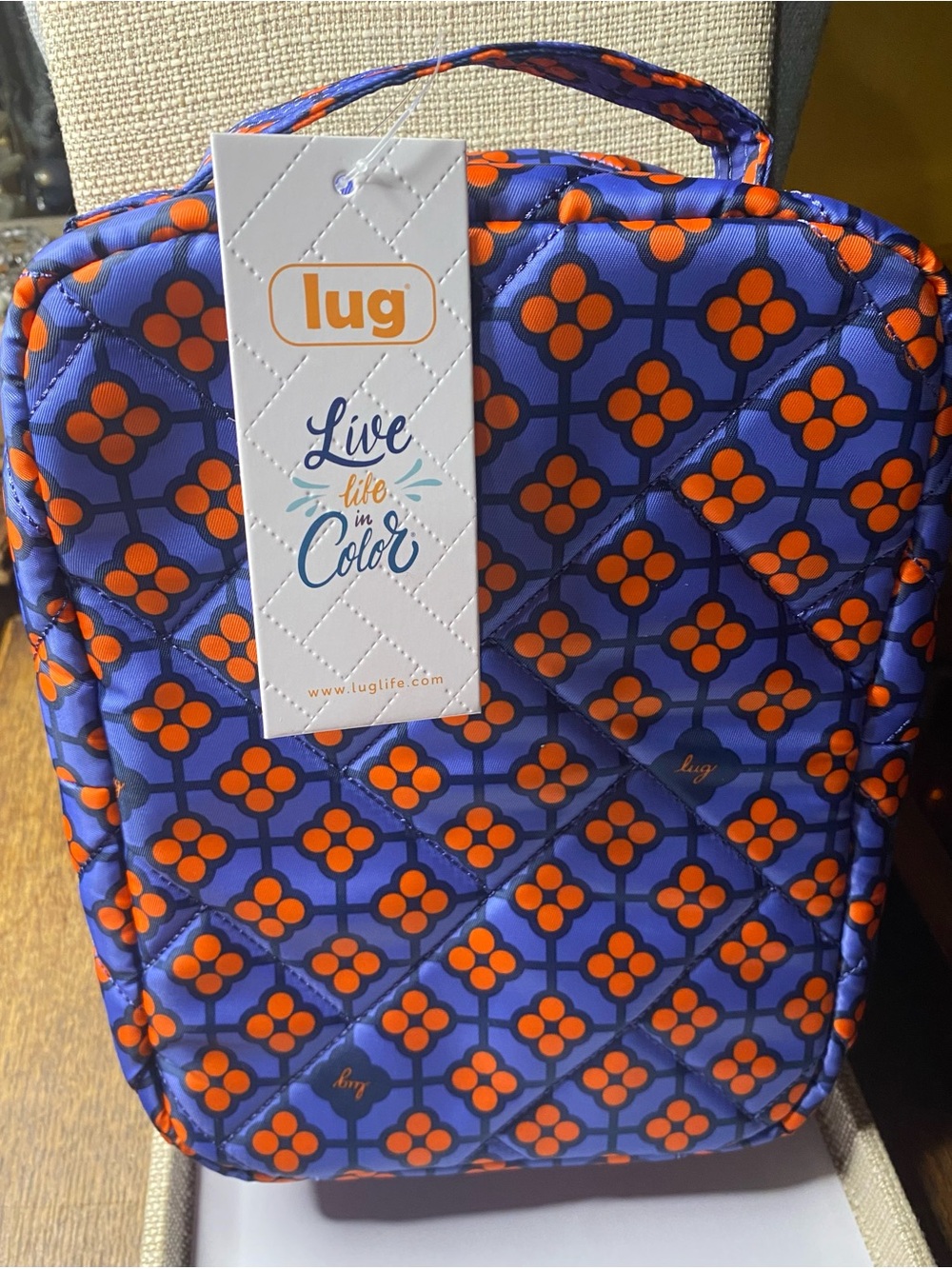lug Quilted Tote in Blue and Orange Floral Pattern
